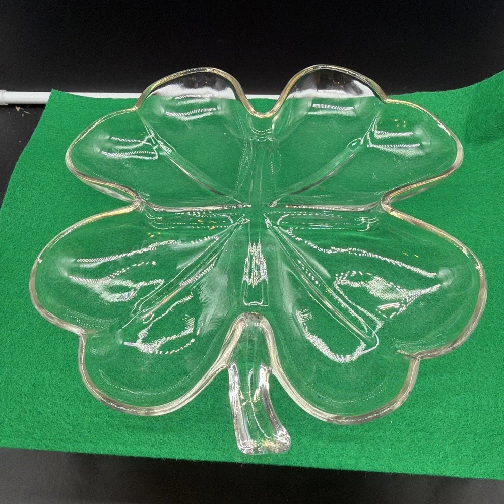 Jeannette Clear Glass w/ Gold Trim: 4-Leaf Clover Divided Relish Dish